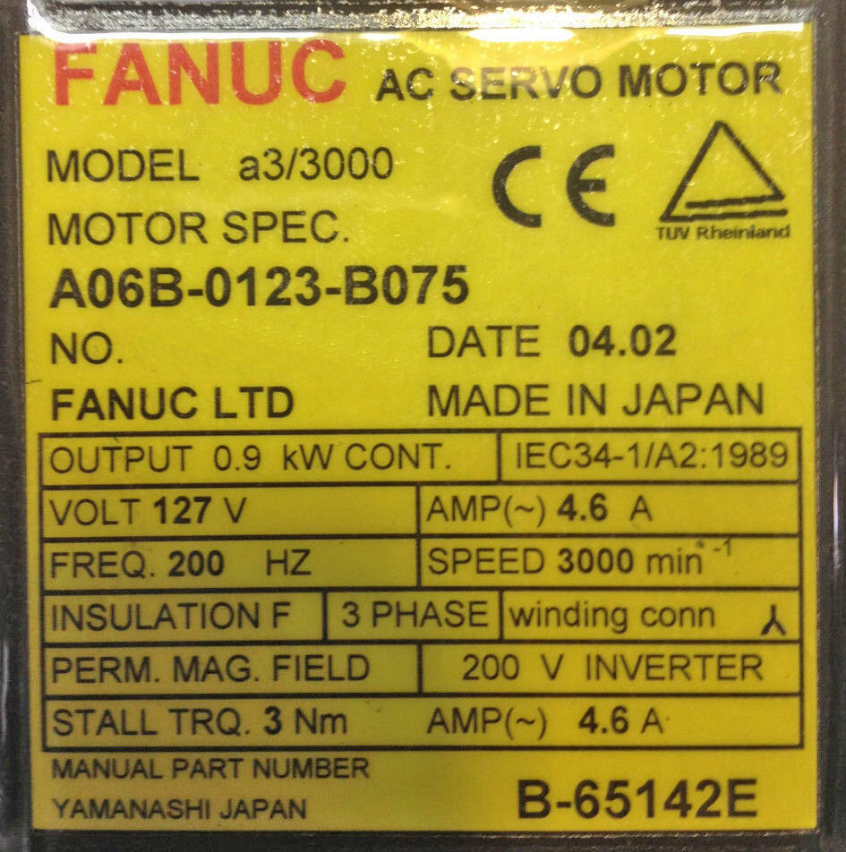 A06B-0123-B575#7008 Fanuc AC Servo Motor A3/3000 A64 Keyway, 127V, 200Hz,  3PH, 3A